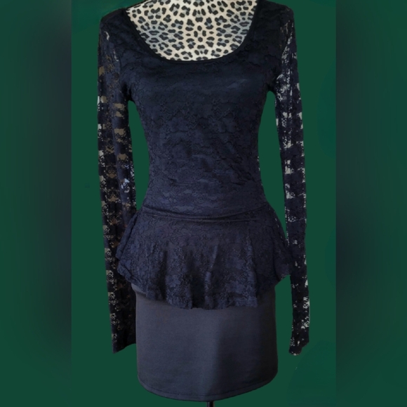 FOREVER21 Black Sheer Lace Peplum Cocktail Dress SZ. MED - Picture 1 of 3
